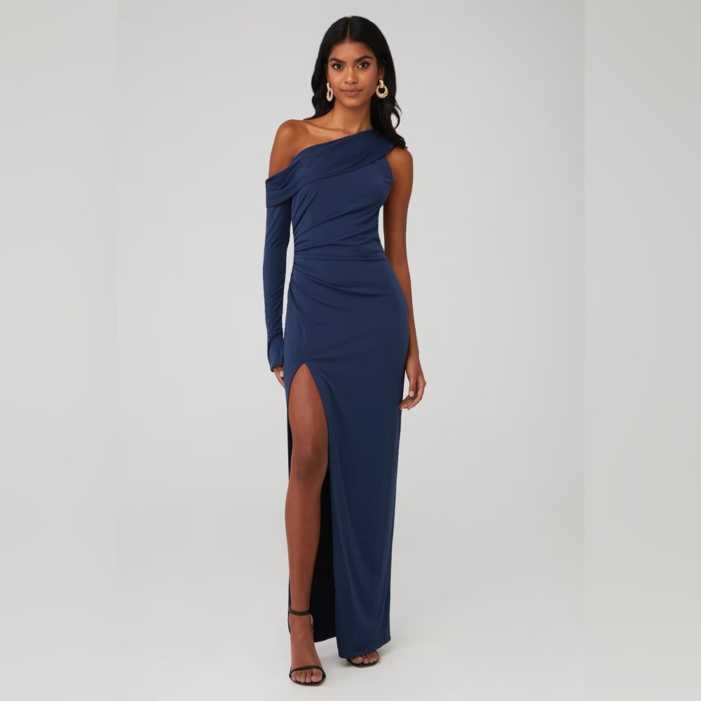 KATIE MAY Deep Sea Blue MOJAVE Single Long Sleeve HIGH SLIT Ruched GOWN XS